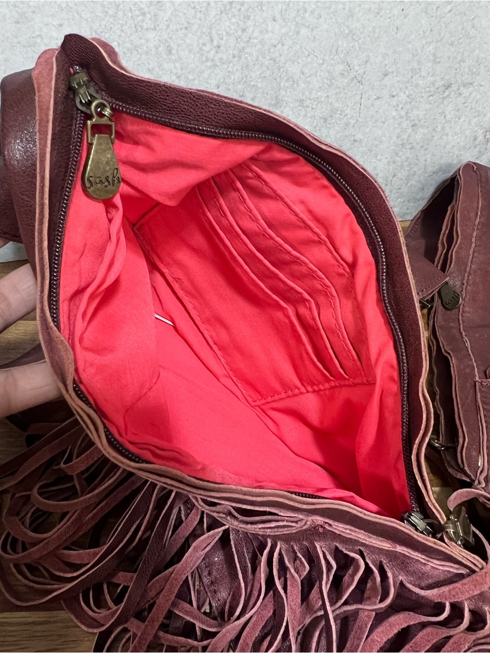 Sash Bag leather fringe crossbody bag in a rich merlot shade, featuring a distin - Picture 6 of 6